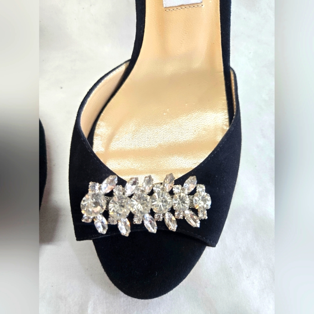 Jimmy Choo Women's 39.5 Black Suede Crystal Embellished Sandal Heels Pump New - Picture 2 of 11